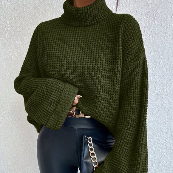 Army Green Casual Women's Turtleneck Long Sleeve Sweater - Picture 1 of 6